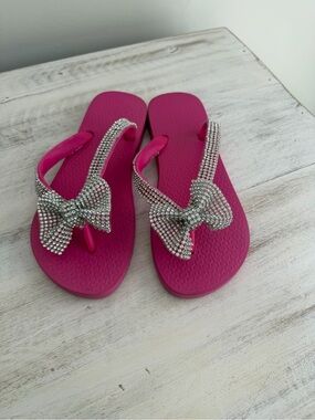 Rhinestone Bow Hot Pink Women's Flip Flops
